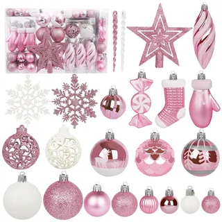 Miaikoe 135 Pcs Weihnachtskugel Ornamente Set, bruchsichere Kunststoff Verschiedene vorgebundene Weihnachtskugeln für Weihnachtsbaum Hängende Dekorationen Festival Party Feiertag Dekor (Rosa)