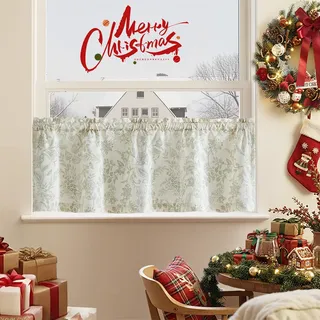 TOPICK Scheibengardine Leinen Vorhang Blumen Bedruckt Bistrogardine Halb Transparent Gardine Scheibengardinen für Küche Wohnzimmer Landhaus(H40 x B125(cm)-1 Stück, Grün auf Beige)