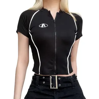 Onsoyours Damen Y2K Crop Top Sexy V-Ausschnitt Bauchfrei Langarm Slim Fit Strickpullover Vintage Langarmshirts Streetwear Oberteil mit Reißverschluss