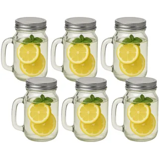 gouveo 6er Set Trinkgläser 450 ml mit Deckel silberfarben - Trinkglas mit Henkel und Drehverschluss - Henkelgläser mit Deckel - Cocktail-Glas für Garten und Balkon (TGH450S)
