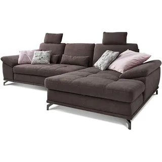 Cavadore Schlafsofa Castiel mit Federkern / Großes Bettsofa in L-Form mit Bettkasten, Sitztiefenverstellung, Kopfstützen und XL-Longchair / 312 x 114 x 173 / Webstoff, Dunkelbraun