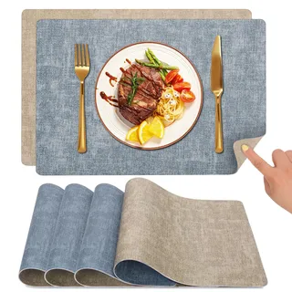 Myir JUN Tischsets Abwaschbar und Untersetzer, Platzsets Abwaschbar Doppelseitigen Platzdeckchen Kunstleder rutschfest Tischset Lederoptik für Speisetisch (Bräunlich/Zartes Blau, 4er Set)