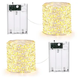 Qedertek Lichterkette Batterie 10M Silberdraht Micro, 2 Stück 100 LED Warmweiß Mit 2 Modi für Innen, Halloween, Weihnachten Party Deko