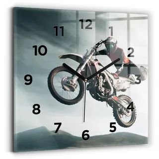 Wallfluent Wanduhr – Stilles Quarzuhrwerk - Uhr Dekoration Wohnzimmer Schlafzimmer Küche - Zifferblatt - schwarze Zeiger - 30x30 cm - Motorrad im Adrenalin-Stil - Grau