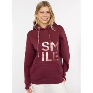 Hoodie ZWILLINGSHERZ "Alissa Shiny", Damen, Gr. S/M, rot (bordeaux), Sweatware, Obermaterial: 50% Baumwolle, 50% Polyester, comfort fit hüftlang, ohne Ausschnitt, angesetztes Bündchen, Sweatshirts Hoodie, glänzender Print, Daumenloch, Kordel, gesticktes Herz am Ärmel
