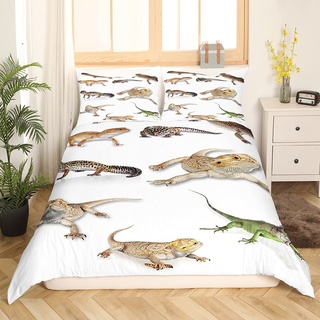 Loussiesd Reptil Bettwäsche-Set für Kinder Mädchen Jungen Teens Kind,Leopard Gecko Bettbezug Primitive Wildlife Tiere Eidechse Beige Weiß Grün,Dekor 2 Stück Bettwäsche 135x200cm