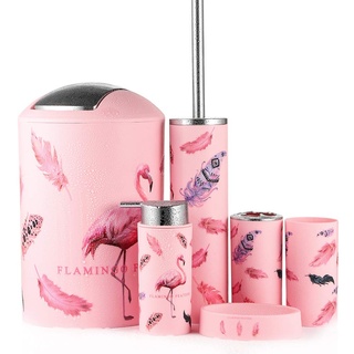 JOTOM 6tlg BADSET Badezimmer ZUBEHÖR Set SEIFENSPENDER Halter WC BÜRSTE BADGARNITUR Mülleimer (Flamingo)