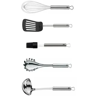 WMF Set 5-teilig Profi Plus Küchenhelfer Set, Suppenkelle Edelstahl 30 cm und Spaghettilöffel 32 cm und Schneebesen Edelstahl 25 cm und Pfannenwender Kunststoff 32,2 cm und Silikon-Backpinsel 20 cm