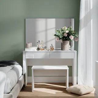 Vicco Schminktisch Annabelle, 110 cm mit Spiegel und Bank, Weiß Hochglanz/Weiß