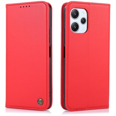 HHUIWIND LederHülle für Xiaomi Redmi 12 4G / 5G (6.79 Zoll) Hülle,Premium PU Schutzhülle Magnetverschluss Handyhülle Klappbar Flip Case Cover für Xiaomi Redmi 12 4G / 5G - Rot
