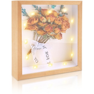 IHONYI 3D Bilderrahmen Zum Befüllen - Personalisierbare Spardose Bilderrahmen,Objektrahmen Tief 20x20cm für Objekt Bis 3.2cm,Rahmen für Sparen/Deko Wand,mit 3M LED Lichterkette&Bänder,Holz