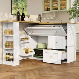 Expansibles Küchenarbeitsplatz mit Aufbewahrung (138-204 × 39 × 105 cm), Küchenschrank, Sideboard mit Snackbar, teleskopische Arbeitsplatte, Tisch, Bistrotisch, hoher Tisch, Kücheninsel, weiß
