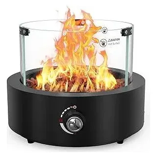onlyfire Rund Gas Tischkamin, Tischfeuer mit Glaswindschutz, Lavastein und Hinterem Lufteinlass, Tragbare Kamine für Indoor & Outdoor, Propan Gas Feuerstelle, Ambientebeleuchtungen