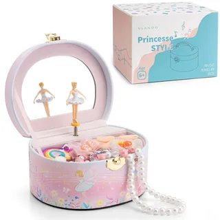 VLANDO Schmuckkästchen Mädchen,Schmuckkasten Kinder, Drehendem Ballerina | Spielzeug Geschenk 4 5 6 Jahre Mädchen mit DIY Aufkleber, Schmuckaufbewahrung mädchen mit Spieluhr, Schmetterlingsmuster