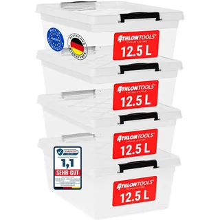 ATHLON TOOLS 4x 12.5 L Aufbewahrungsboxen mit Deckel, lebensmittelecht - Verschlussclips - 100% material Plastik-Box transparent - Kleiderboxen stapelbar... 12.5 L | 4er-Set Transparent