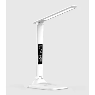 LED-Bürolampe mit Touchscreen, USB-Ladefunktion, Wecker und dimmbarer Nachttischlampe.