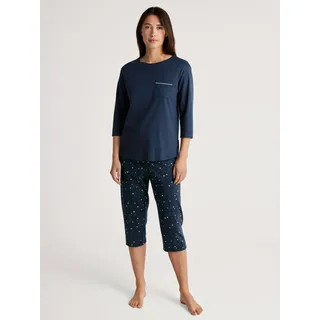 Pyjama CALIDA "Sweet Dreams", Damen, Gr. S (40/42), blau (peacoat blau), Interlock, Obermaterial: 100% Baumwolle, gemustert, bequem 3/4-Länge, Rundhals, Homewear-Sets Pyjama, 3/4-Länge, Rundhals, weich, Interlock-Qualität, Pure Cotton