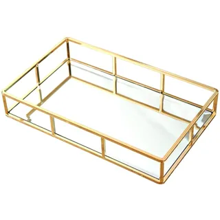 PuTwo Spiegeltablett, Vintage Spiegel Tablett Metall Tablett Platte Verspiegelt Deko Rechteckig, Dekotablett als Schminktisch Aufbewahrung - Gold