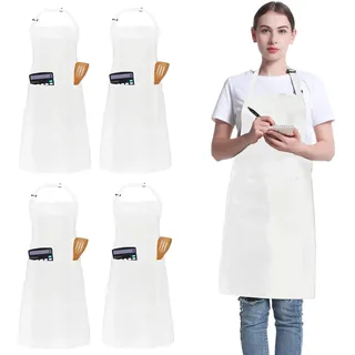 4 Packs Kochschürzen, Unisex verstellbare Schürzen mit 2 Taschen, personalisierte Schürzen für Männer Frauen, professionelle Schürze für Kochen, Gartenarbeit, Küche, Restaurant, Kaffeehaus (Weiß)