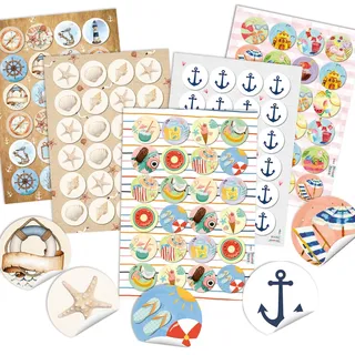 Maritime Sticker, 120er Set: Bunte Aufkleber mit Muscheln, Seestern, Anker, Rettungsring & Leuchtturm, Deko Sommer Klein, Meer & Strand, Maritim, Für Karten, Geschenke & Party, Dekosticker, Ø 4 cm