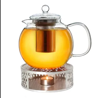 Creano Teekanne aus Glas 1,7l + EIN Stövchen aus Edelstahl, 3-teilige Glasteekanne mit integriertem Edelstahl Sieb und Glasdeckel, ideal zur Zubereitung von losen Tees, tropffrei