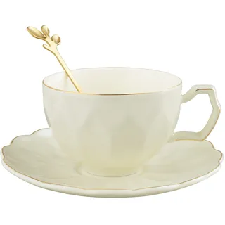 fanquare Vintage Gelbe Teetasse mit Löffel, 200ml Kaffeetasse mit Untertasse, Porzellan Teetasse für Espresso, Cappuccino