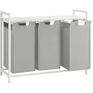 VASAGLE Wäschekorb 3 Fächer, Wäschesammler mit Ablage, Wäschebox, Wäschesack aus Oxford-Gewebe abnehmbar, Metallrahmen, 3 x 40 L, 92,5 x 33 x 72 cm, taubengrau-mattweiß BLH301W03