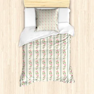 ABAKUHAUS Blumen Mantele, Blumen-Rosen-Knospen-Strudel, Milbensicher Allergiker geeignet mit Kissenbezügen, 135 cm x 200 cm - 80 x 80 cm, Pale Pink Blau und Grün - Grün