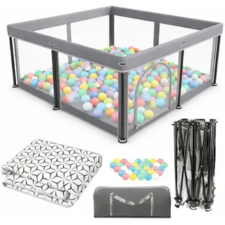 Laufstall Faltbar Baby Playpen with Mat - 127x127CM-Laufgitter Baby mit Matte, Schneller Aufbau, Sicher & Tragbar Portable für drinnen & draußen Reise(Grau)