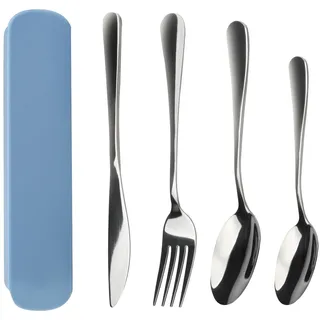 4 Stück Reisebesteck mit Etui Reisebesteck Camping mit Messer, Gabel, 2 Löffel Edelstahl Campingbesteck Set Tragbare Besteck für Unterwegs Spülmaschinengeeignet für Reisen, Schule, Arbeit, Picknick