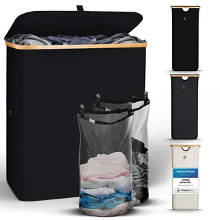 HENNEZ Wäschekorb mit Deckel 2 Fächer Wäschekorb schmal schwarz 141L Wäschesack - Wäschesortierer Anthrazit Wäschebox Wäschetonne schwarzer Wäschesammler mit Deckel Wäschetruhe dunkle Wäschekörbe