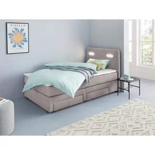 INOSIGN Boxbett INOSIGN "Luan", grau (stone), B:127cm L:211cm, Komplettbetten, Boxspringbett, Schubkästen, LED-Beleuchtung und Topper, in Breite 120 cm und 180 cm