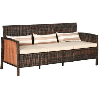 Outsunny Rattan Sofa mit Kissen, Dreisitzer, Garten Loungesofa, Stahl, Braun , Metall , 68x78x173 cm , Gartenmöbel, Loungemöbel, Gartensofas & Loungesofas