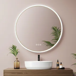 EMKE LED Badspiegel Rund 60cm mit Beschlagfrei und 3 Lichtfarben, Golden Badezimmerspiegel dimmbar Wandspiegel mit Touchschalter, Speicherfunktion, 3 stunden Energieeinsparung - Gold