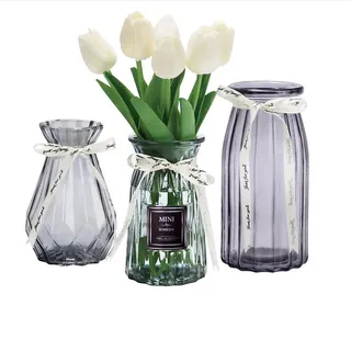 SOMEDA® Vasen Set 3 Stück/Verschiedene Größen und Formen/Moderne Blumenvasen/transparent, rot oder grau/Deko Wohnzimmertisch (3X Grau)