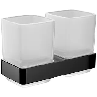 Emco Loft Doppelglashalter mit 2 Gläsern zur Wandmontage, eleganter Zahnbürstenhalter aus Aluminium und Kristallglas, hochwertiger Zahnputzbecher, schwarz matt und satiniert, 18 cm