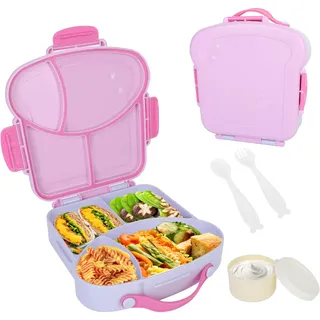 Cozary Brotdose Kinder mit Fächern, Brotbox Kinder Auslaufsichere mit Tragegriff, Lunchbox Jausenbox für Kindergarten,Schule,Ausflüge,4 Fächer,Toast Design, BPA-frei, für Jungen Mädchen (Violett)