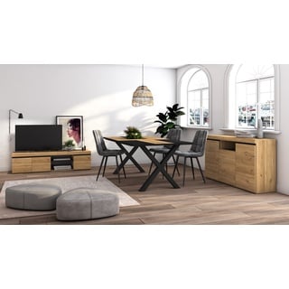 Skraut Home - Wohnzimmermöbel-Set | Tisch 200 Bicolour X-Beine 10 Personen | Lowboard 160 | Sideboard/Buffetschrank 140 | Eiche und Schwarz | Industrieller Still