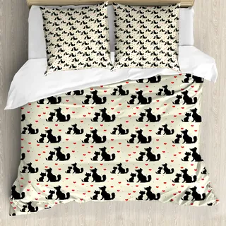 ABAKUHAUS Rot und Schwarz Bettbezug, Hund Katze Haustier Liebe, Milbensicher Allergiker geeignet mit Kissenbezügen, 155 cm x 220 cm - 80 x 80 cm, Beige Rot Schwarz - Rot