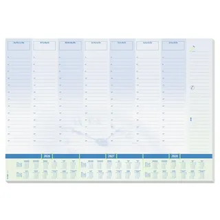 Sigel H6350 Papier-Schreibtischunterlage DIN A2, Kalender 2026 - 2028, Tages- und Wochenplan mit Stundeneinteilung, 30 Blatt, blau, Schreibunterlage aus nachhaltigem Papier