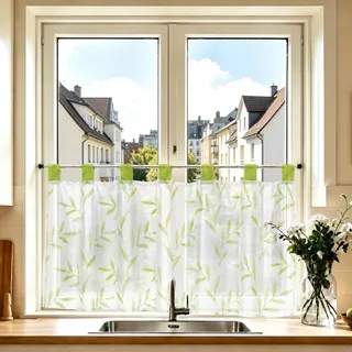 Joyswahl Scheibengardine Voile Bistrogardine Schlaufen Celilie 60x120 Grün | Transparente Gardine Stores, 1er Pack, Kurzgardinen, Küchengardinen modern, Fenstergardinen landhaus, mit Blätter Muster