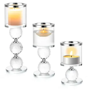 ERWEY Kerzenständer 3er Set Kristall Kerzenhalter Stumpenkerzen Glas Kerzen Ständer Modern Kerzenhalter Stabkerze Teelichthalter für Hochzeit Wohnzimmer Tischdeko Party Deko (3 Stück, Silber)