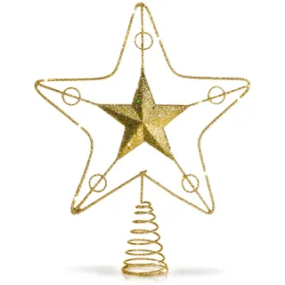COM-FOUR® Deko Stern Weihnachten - Weihnachtsdekoration Stern aus Metall - Aufsteller Weihnachtsstern mit Glitzer und Paillette - Goldfarbene Weihnachtsbaumspitze