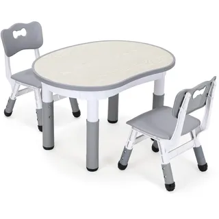 Clevich Kindertisch mit 2 Stühlen, Kinder Tisch Stuhl Set Höhenverstellbar, Multifunktionaler Kindersitzgruppe, Maltisch für Klassenzimmer Kindergärten Kindertisch und Stuhlset für Essen Spielen Grau