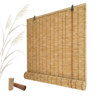 Bambusrollo Wetterfest, Balkon Sichtschutz Wetterfest, Sonnenschutz Rollo Außen, Natur Schilf Vorhang mit Lifter, Retro Bambus Rollo Outdoor für Terrasse Aussenbereich(Natural,150W x 150H cm)
