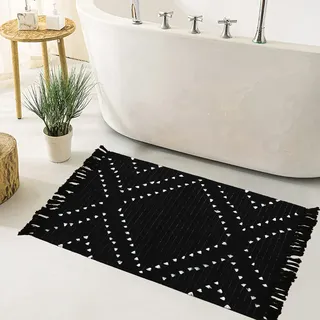 HAOCOO Marokkanischer Baumwollteppich, 60 x 90 cm, handgewebt, moderner Diamanten-Überwurf, Teppich, schick, Boho-Quaste, schwarz und beige, Fußmatte, maschinenwaschbar, Küche, Badezimmer