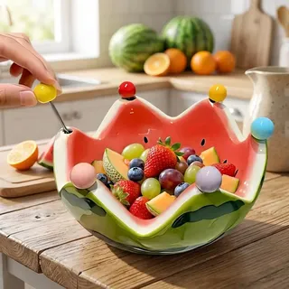 OHAANYY Wassermelone Obstschale aus Keramik mit 6 Edelstahl Gabeln, Frucht Schüssel für Salat, Party, Picknick, Küchenzubehör für Event, Café, Bar, Hochzeit (Rot)