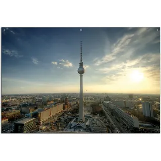 Wallario Outdoor-Poster für Garten oder Balkon, Motiv Fernsehturm Berlin mit Panoramablick über die Stadt, in ca. 61 x 91,50 cm - Blau
