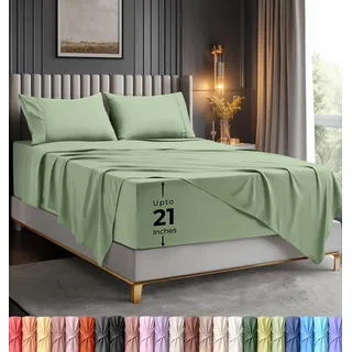 Utopia Bedding Queen-Bettwäsche-Set, weiche Mikrofaser, 4-teilig, Luxus-Bettlaken mit tiefen Taschen, bestickte Kissenbezüge, seitliche Aufbewahrungstasche, Spannbetttuch – Bettlaken (Salbeigrüb)