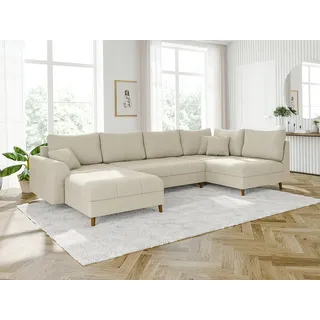 S-STYLE MÖBEL - Kai - Wohnlandschaft mit Braun Holzfüßen im skandinavischen Stil aus Beige Cord-Stoff, Ottomane links - Beige